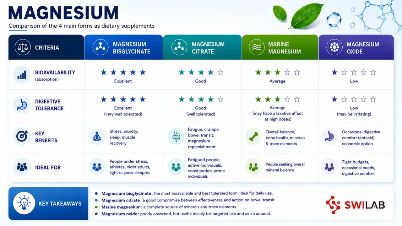 J&auml;mf&ouml;relse av olika magnesiumformer som kosttillskott: bisglycinat, citrat, marint och oxid. Tabellen visar biotillg&auml;nglighet, tolerans, f&ouml;rdelar och vem som passar b&auml;st.