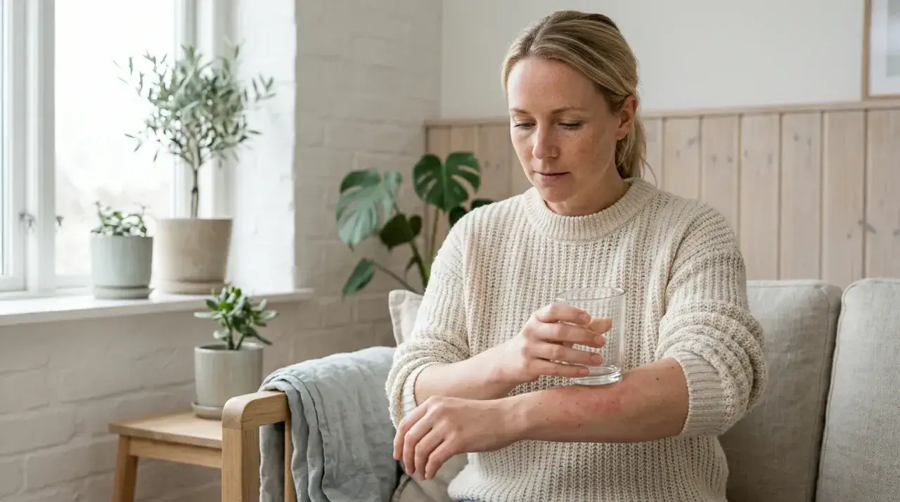 Kvinna med utslag på armen, som kan vara ett av sepsis symtom, håller ett glas vatten.