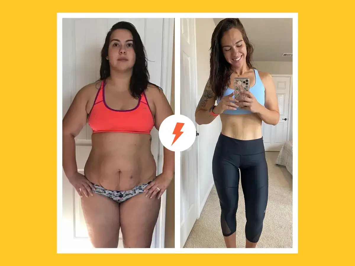F&ouml;re- och efterbilder visar en kvinna som uppn&aring;tt imponerande lchf viktnedg&aring;ng per vecka.
