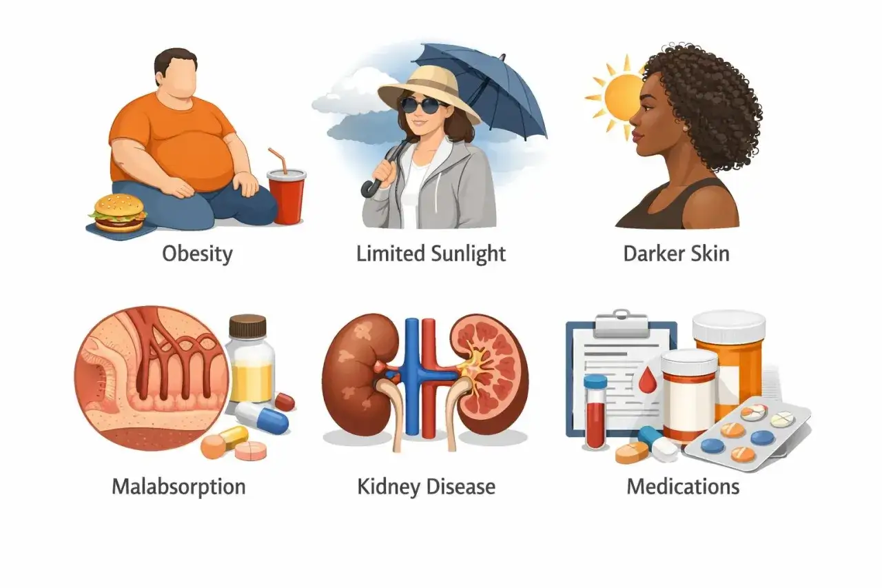 Faktorer som kan bidra till d-vitamin brist symtom: fetma, lite solljus, mörk hud, malabsorption, njursjukdom och mediciner.