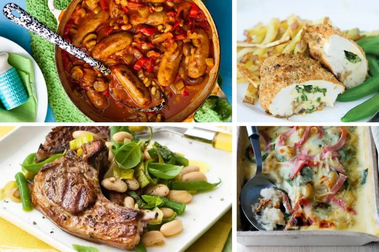 Fyra l&auml;ckra r&auml;tter: korvgryta, panerad kyckling med pommes, lammkotlett med b&ouml;nor och en grat&auml;ng. Perfekt f&ouml;r en m&aring;ltid p&aring; 1200 kcal per dag.