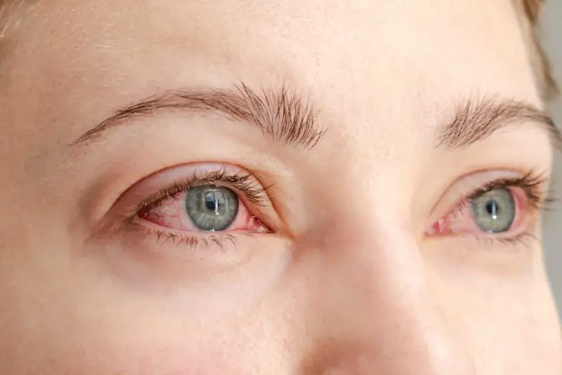 Röda, irriterade ögon som kan vara ett symptom på graves sjukdom.
