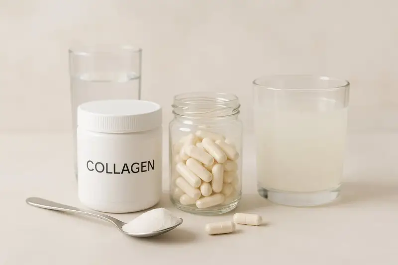 En burk med kollagenpulver, en sked med pulver, en burk med kollagenkapslar och ett glas med kollagendryck. Allt för en stark mage.